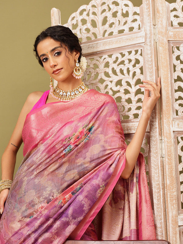 Pink Cotton Digital Print Floral Saree with Unstitched Blouse - Hiral Fashion | Swadesiicart
