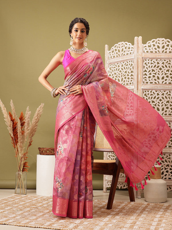 Pink Cotton Digital Print Floral Saree with Unstitched Blouse - Hiral Fashion | Swadesiicart