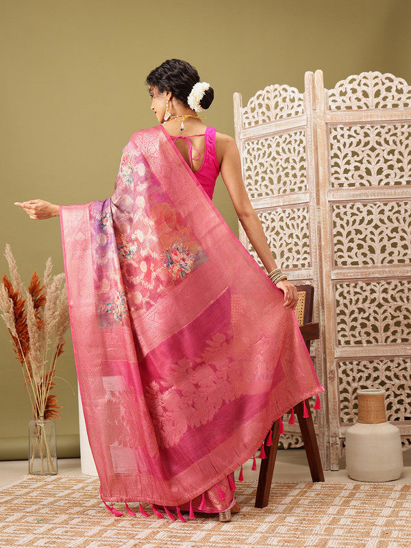 Pink Cotton Digital Print Floral Saree with Unstitched Blouse - Hiral Fashion | Swadesiicart