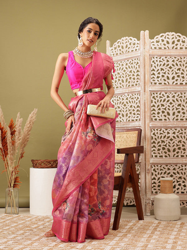 Pink Cotton Digital Print Floral Saree with Unstitched Blouse - Hiral Fashion | Swadesiicart