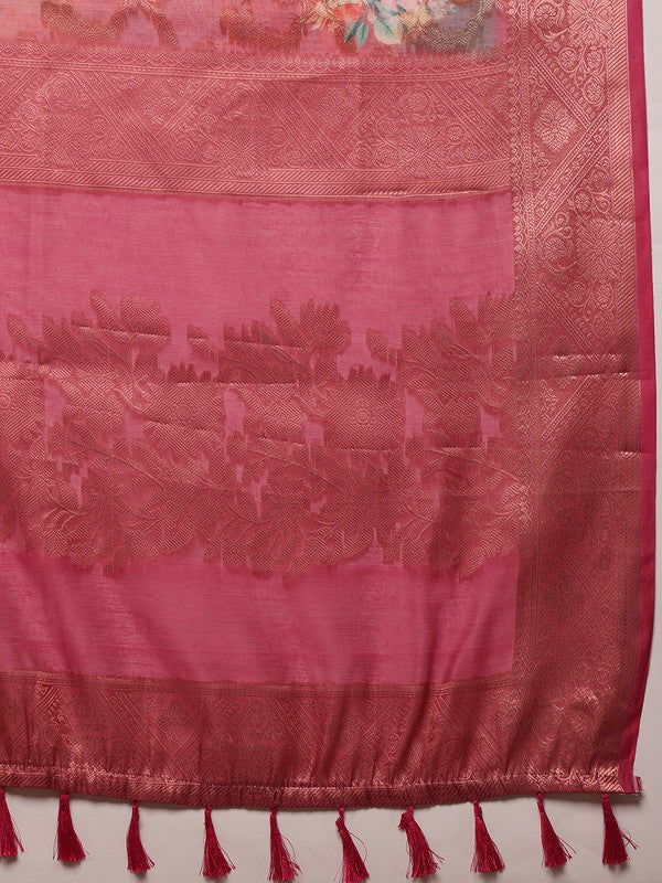 Pink Cotton Digital Print Floral Saree with Unstitched Blouse - Hiral Fashion | Swadesiicart