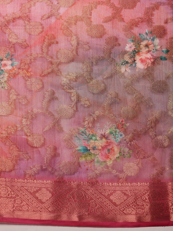 Pink Cotton Digital Print Floral Saree with Unstitched Blouse - Hiral Fashion | Swadesiicart