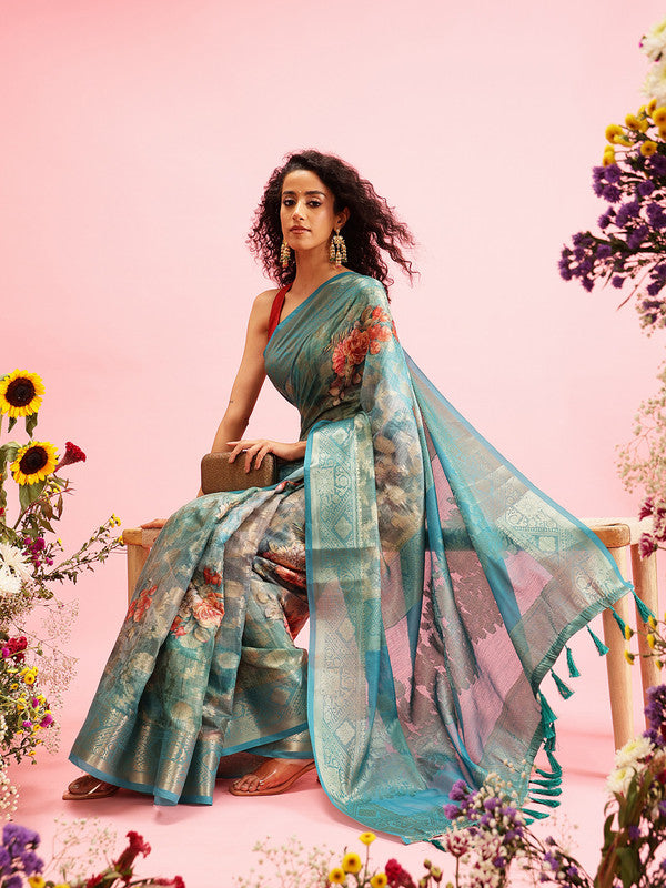 Turquoise Cotton Digital Print Floral Saree with Unstitched Blouse - Hiral Fashion | Swadesiicart