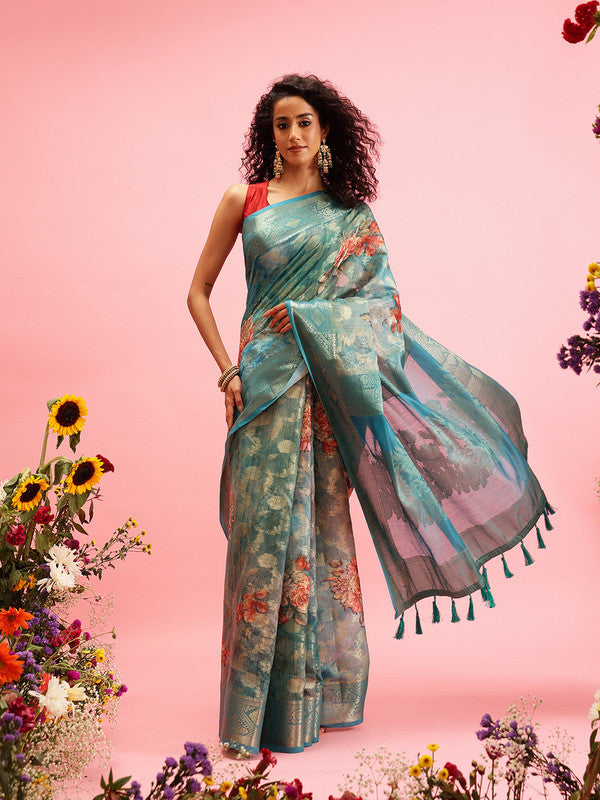 Turquoise Cotton Digital Print Floral Saree with Unstitched Blouse - Hiral Fashion | Swadesiicart