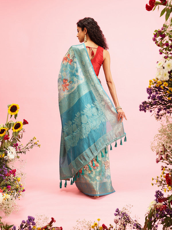 Turquoise Cotton Digital Print Floral Saree with Unstitched Blouse - Hiral Fashion | Swadesiicart
