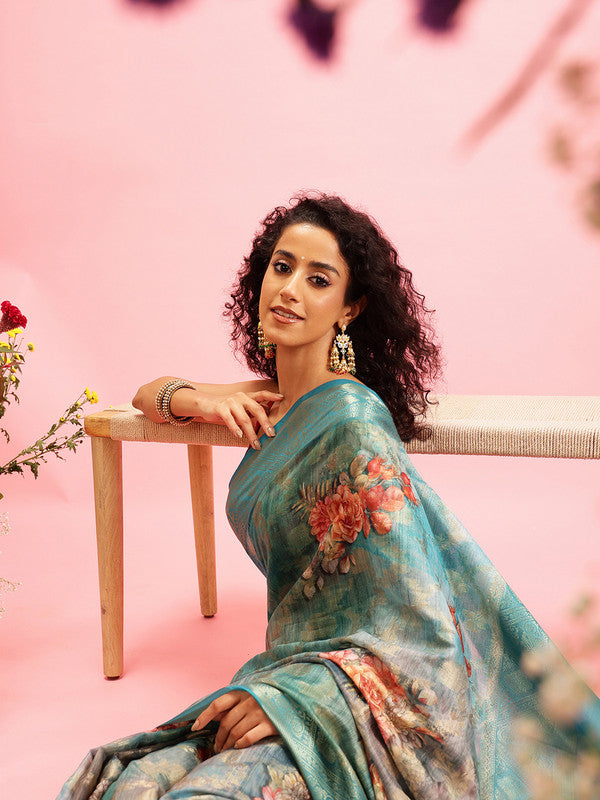Turquoise Cotton Digital Print Floral Saree with Unstitched Blouse - Hiral Fashion | Swadesiicart