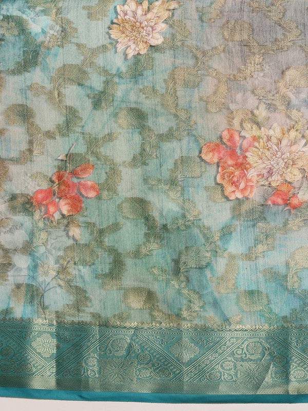 Turquoise Cotton Digital Print Floral Saree with Unstitched Blouse - Hiral Fashion | Swadesiicart