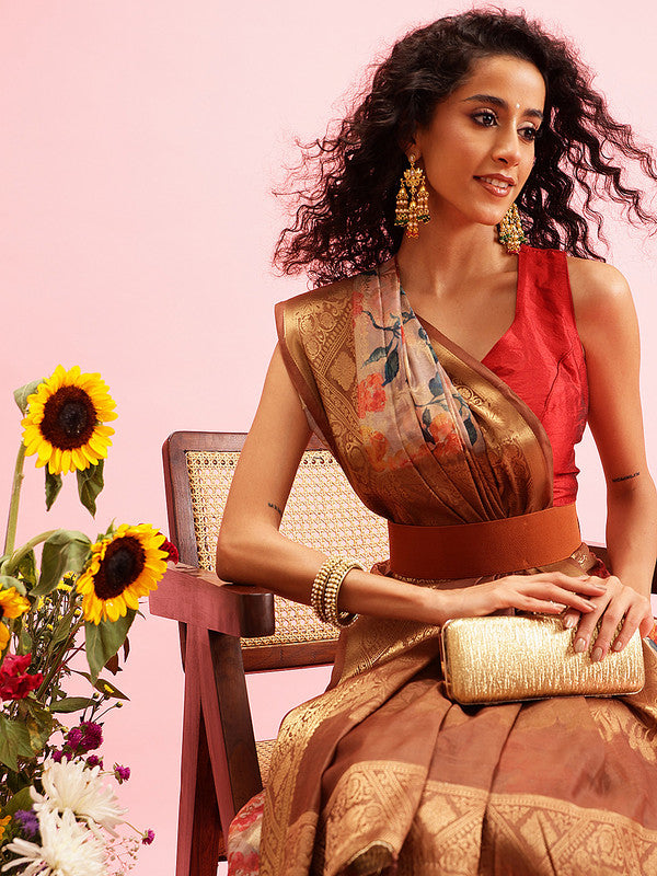 Beige Cotton Digital Print Floral Saree with Unstitched Blouse - Hiral Fashion | Swadesiicart