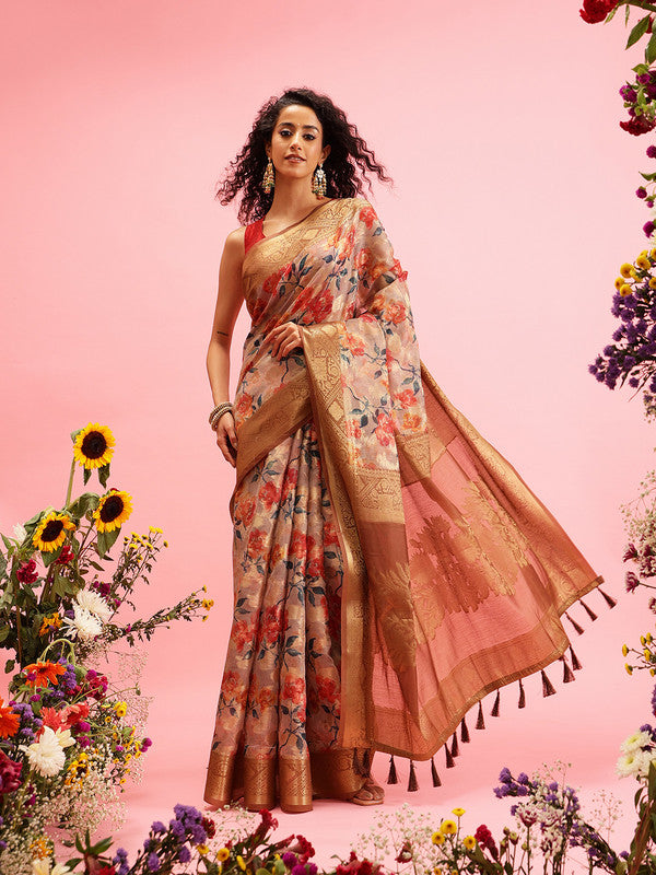 Beige Cotton Digital Print Floral Saree with Unstitched Blouse - Hiral Fashion | Swadesiicart
