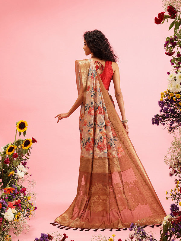 Beige Cotton Digital Print Floral Saree with Unstitched Blouse - Hiral Fashion | Swadesiicart