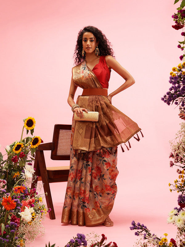 Beige Cotton Digital Print Floral Saree with Unstitched Blouse - Hiral Fashion | Swadesiicart