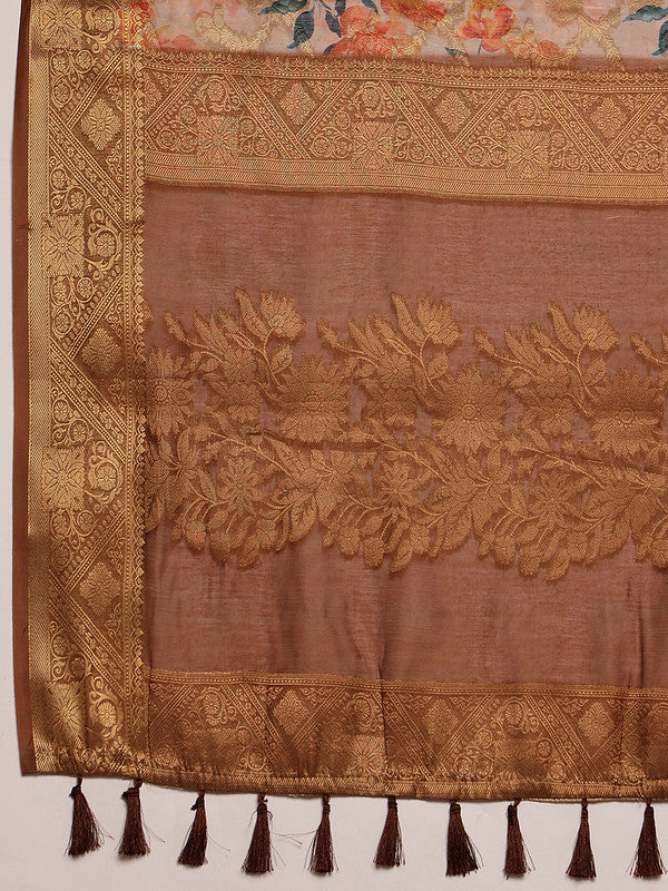 Beige Cotton Digital Print Floral Saree with Unstitched Blouse - Hiral Fashion | Swadesiicart