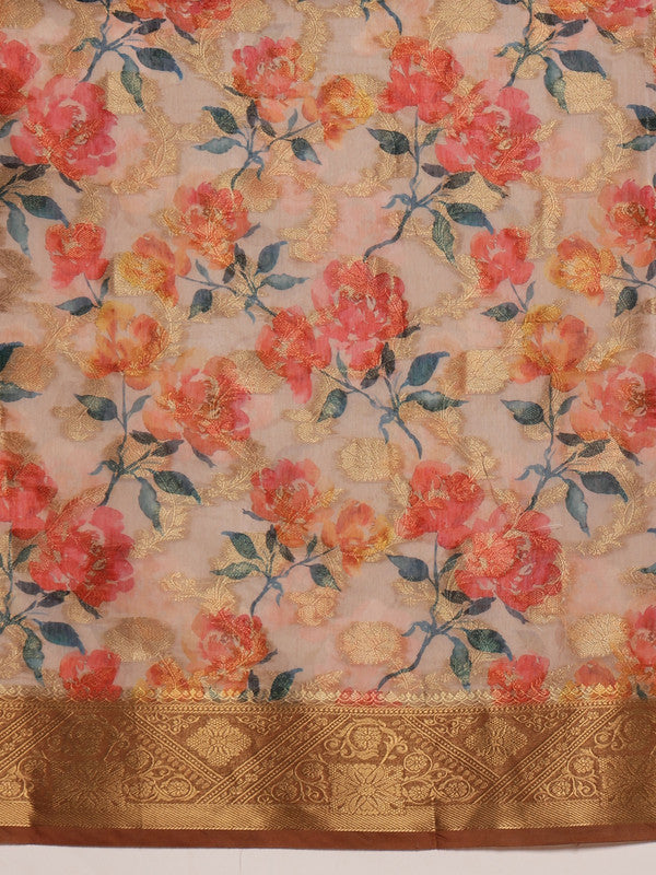 Beige Cotton Digital Print Floral Saree with Unstitched Blouse - Hiral Fashion | Swadesiicart
