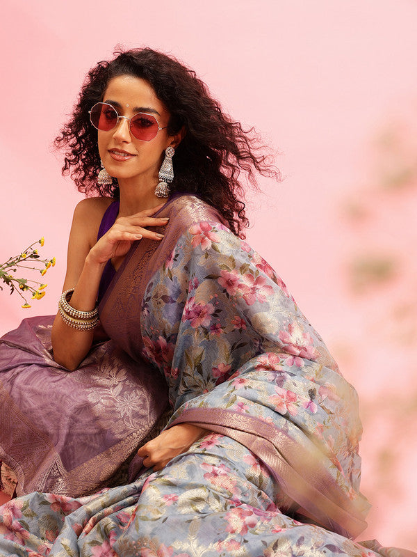 Gray Cotton Digital Print Floral Saree with Unstitched Blouse - Hiral Fashion | Swadesiicart