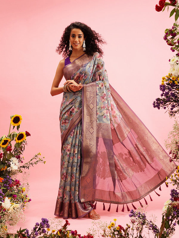 Gray Cotton Digital Print Floral Saree with Unstitched Blouse - Hiral Fashion | Swadesiicart