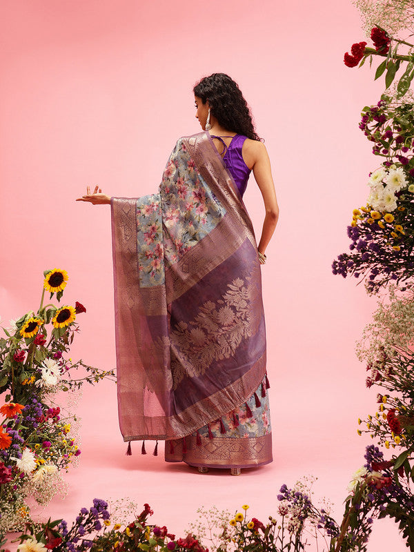 Gray Cotton Digital Print Floral Saree with Unstitched Blouse - Hiral Fashion | Swadesiicart