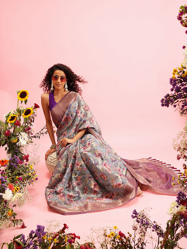 Gray Cotton Digital Print Floral Saree with Unstitched Blouse - Hiral Fashion | Swadesiicart