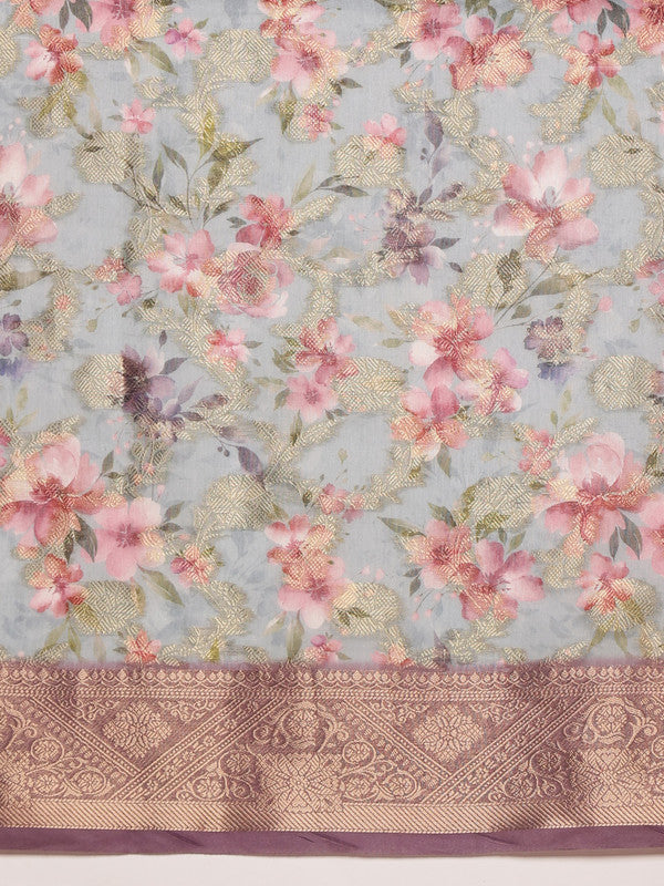 Gray Cotton Digital Print Floral Saree with Unstitched Blouse - Hiral Fashion | Swadesiicart