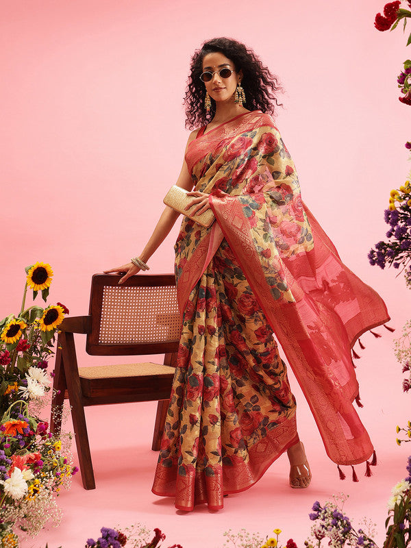 Mustard Cotton Digital Print Floral Saree with Unstitched Blouse - Hiral Fashion | Swadesiicart