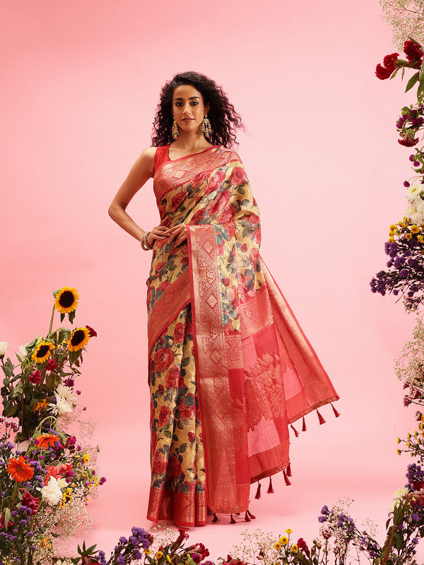 Mustard Cotton Digital Print Floral Saree with Unstitched Blouse - Hiral Fashion | Swadesiicart