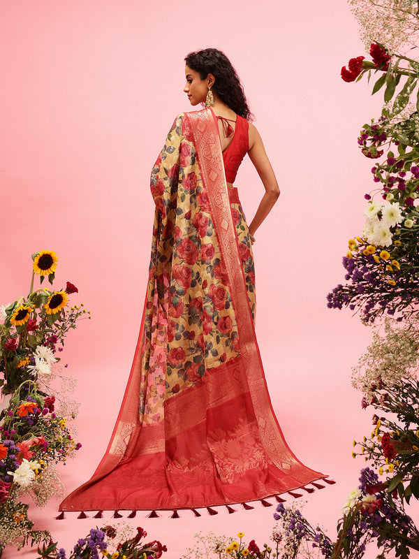 Mustard Cotton Digital Print Floral Saree with Unstitched Blouse - Hiral Fashion | Swadesiicart