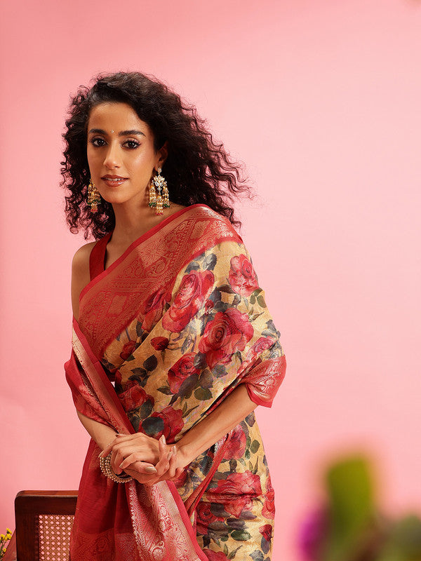 Mustard Cotton Digital Print Floral Saree with Unstitched Blouse - Hiral Fashion | Swadesiicart
