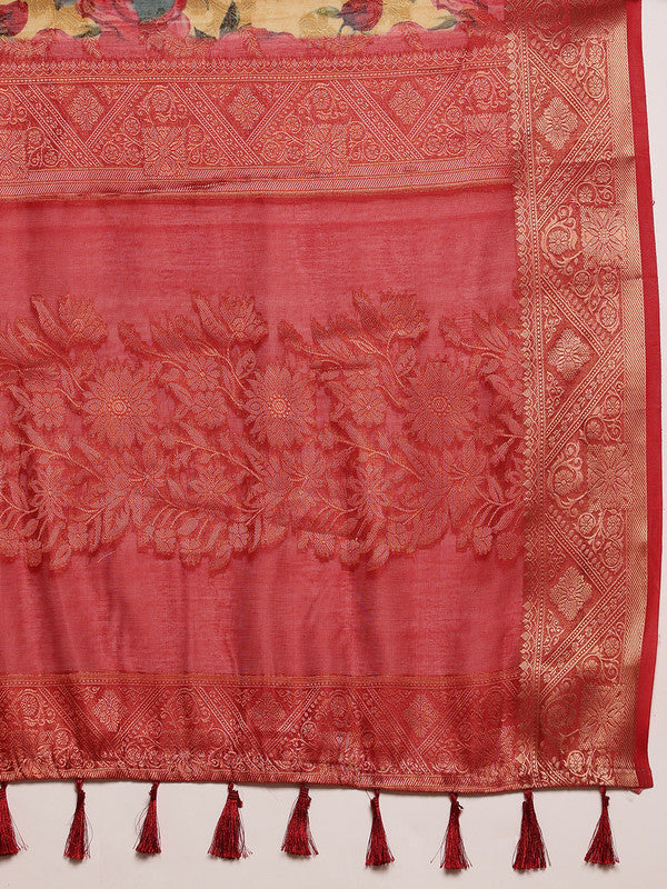 Mustard Cotton Digital Print Floral Saree with Unstitched Blouse - Hiral Fashion | Swadesiicart