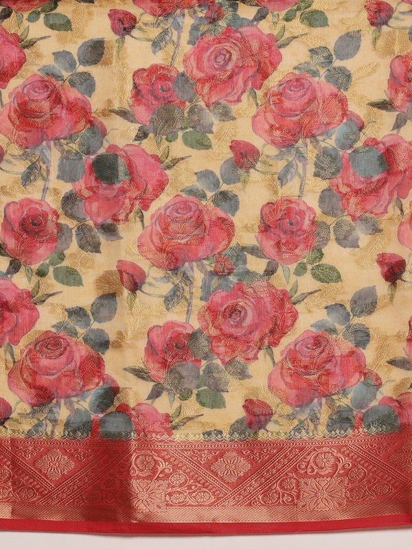 Mustard Cotton Digital Print Floral Saree with Unstitched Blouse - Hiral Fashion | Swadesiicart