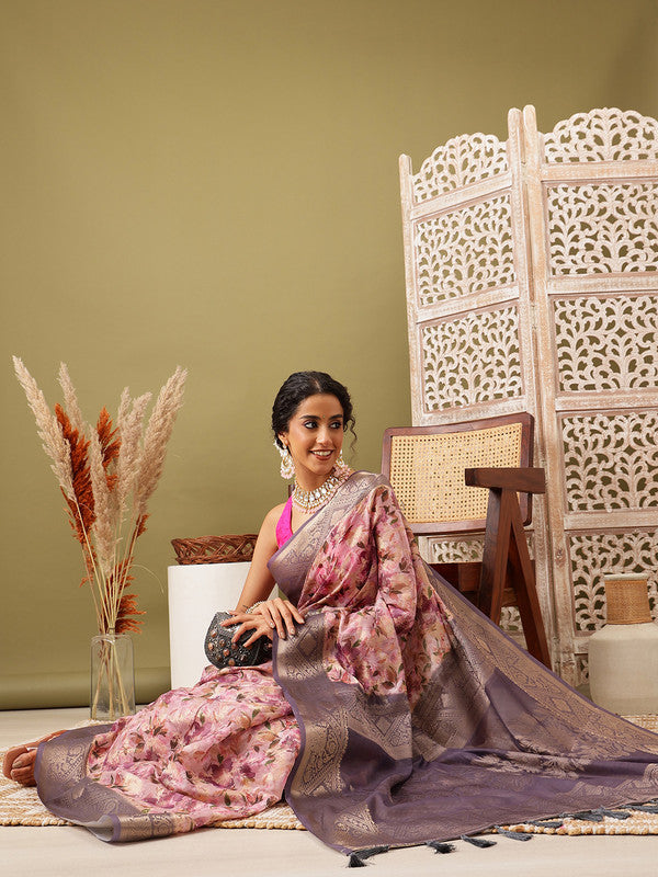 Pink Cotton Digital Print Floral Saree with Unstitched Blouse - Hiral Fashion | Swadesiicart