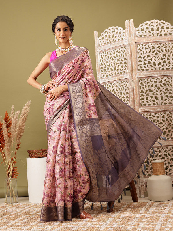 Pink Cotton Digital Print Floral Saree with Unstitched Blouse - Hiral Fashion | Swadesiicart