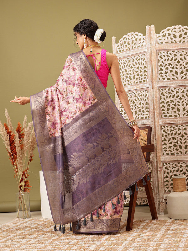 Pink Cotton Digital Print Floral Saree with Unstitched Blouse - Hiral Fashion | Swadesiicart