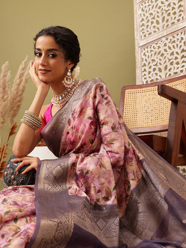 Pink Cotton Digital Print Floral Saree with Unstitched Blouse - Hiral Fashion | Swadesiicart
