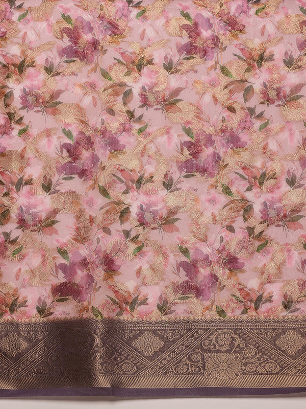 Pink Cotton Digital Print Floral Saree with Unstitched Blouse - Hiral Fashion | Swadesiicart