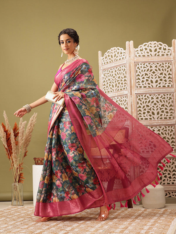 Turquoise Cotton Digital Print Floral Saree with Unstitched Blouse - Hiral Fashion | Swadesiicart