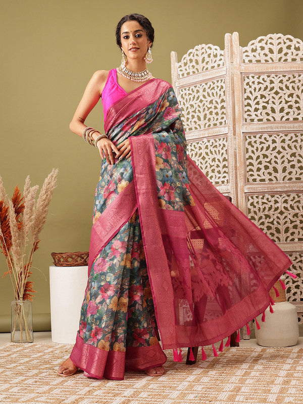 Turquoise Cotton Digital Print Floral Saree with Unstitched Blouse - Hiral Fashion | Swadesiicart