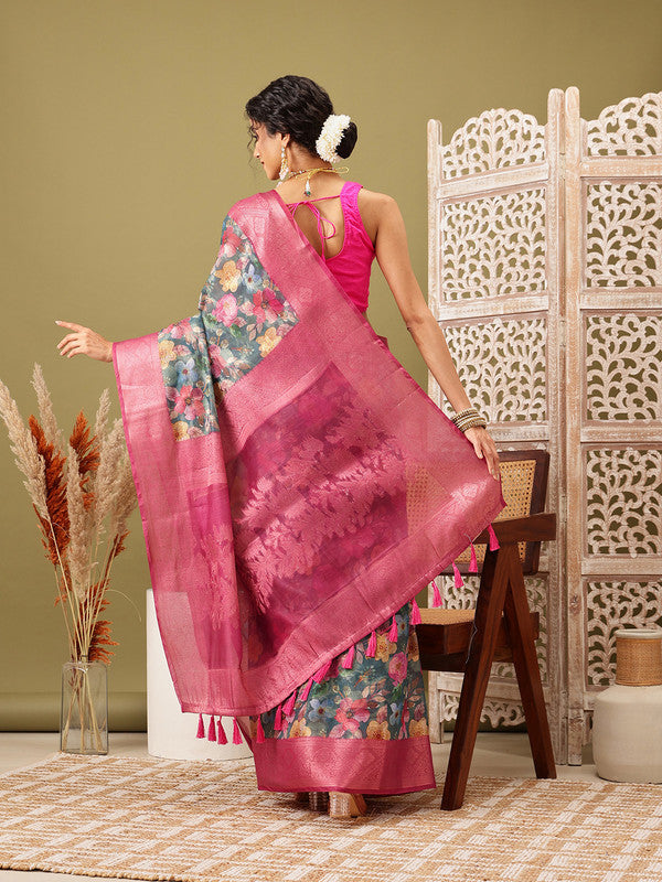 Turquoise Cotton Digital Print Floral Saree with Unstitched Blouse - Hiral Fashion | Swadesiicart