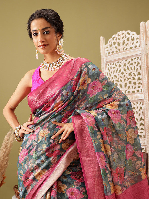 Turquoise Cotton Digital Print Floral Saree with Unstitched Blouse - Hiral Fashion | Swadesiicart