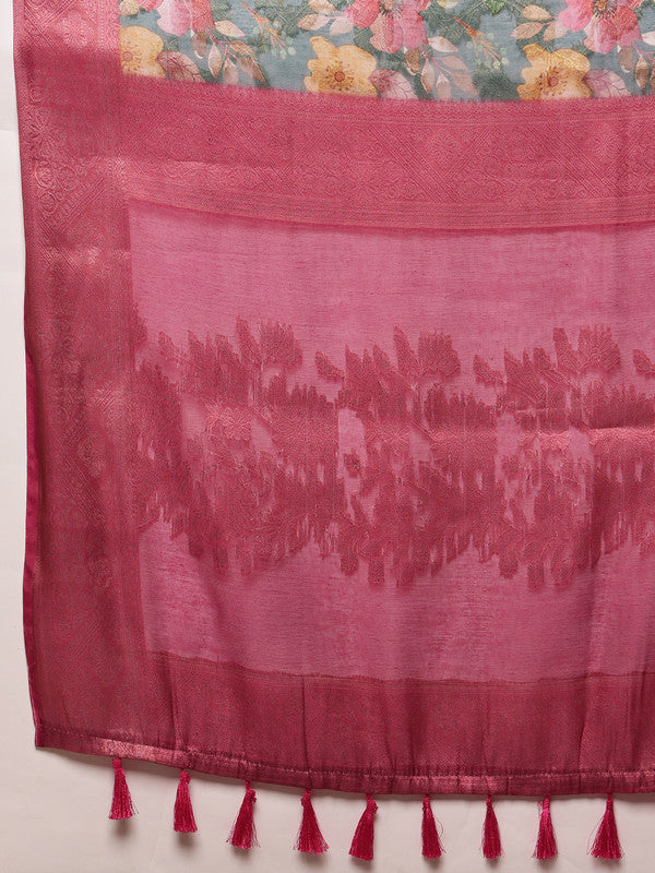 Turquoise Cotton Digital Print Floral Saree with Unstitched Blouse - Hiral Fashion | Swadesiicart