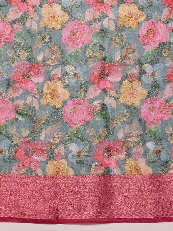 Turquoise Cotton Digital Print Floral Saree with Unstitched Blouse - Hiral Fashion | Swadesiicart
