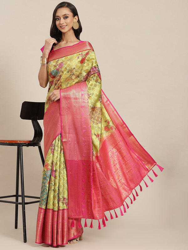 Green Art Silk Printed Polka Dots Saree with Unstitched Blouse - Hiral Fashion | Swadesiicart
