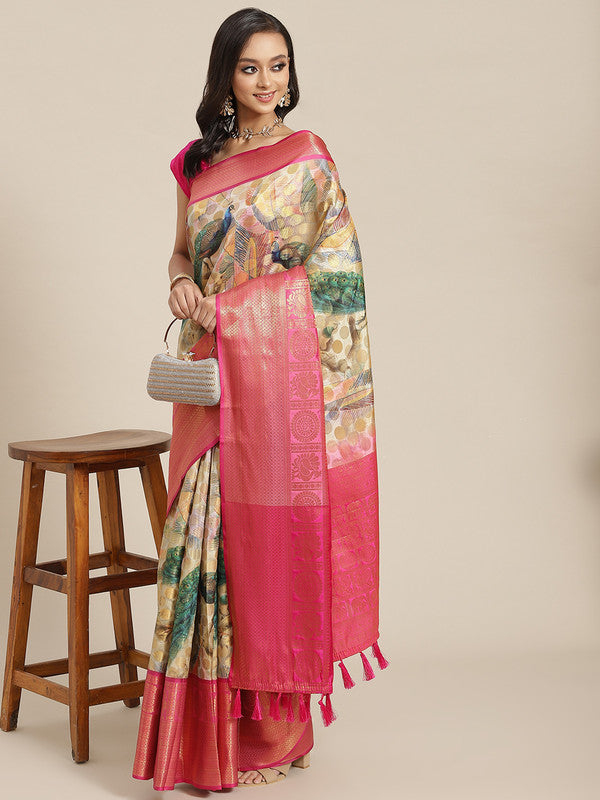 Multicolor Art Silk Printed Polka Dots Saree with Unstitched Blouse - Hiral Fashion | Swadesiicart