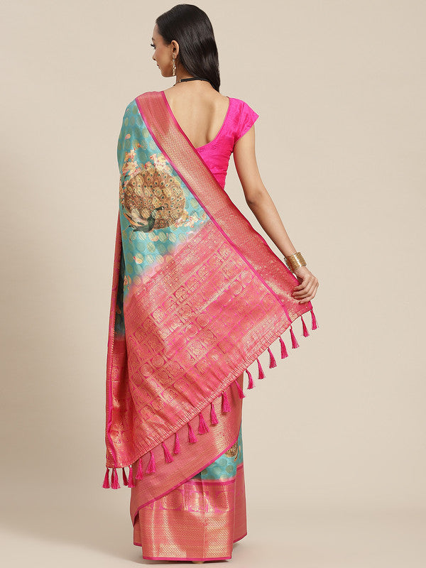 Turquoise Art Silk Printed Polka Dots Saree with Unstitched Blouse - Hiral Fashion | Swadesiicart