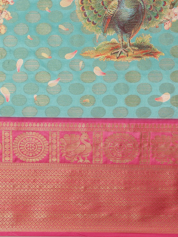 Turquoise Art Silk Printed Polka Dots Saree with Unstitched Blouse - Hiral Fashion | Swadesiicart