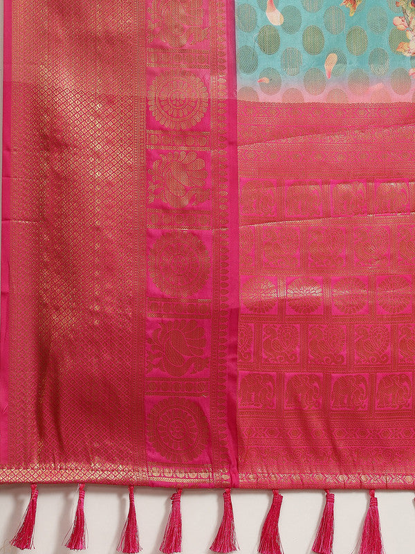 Turquoise Art Silk Printed Polka Dots Saree with Unstitched Blouse - Hiral Fashion | Swadesiicart