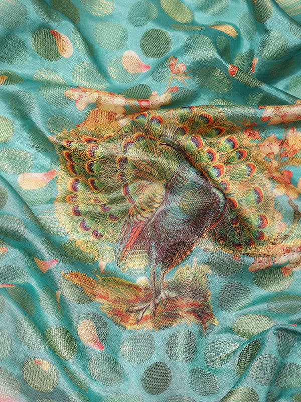 Turquoise Art Silk Printed Polka Dots Saree with Unstitched Blouse - Hiral Fashion | Swadesiicart