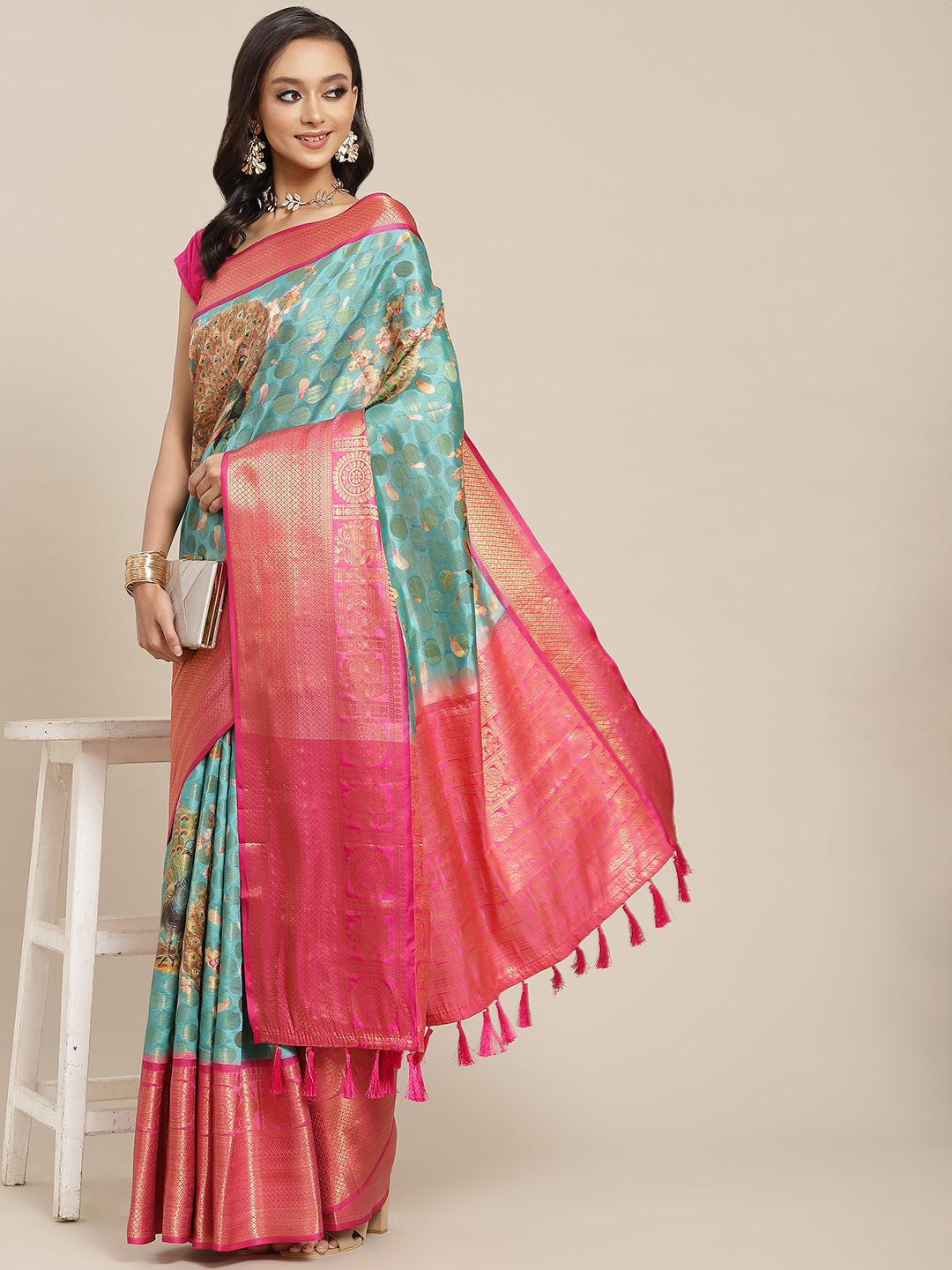 Turquoise Art Silk Printed Polka Dots Saree with Unstitched Blouse - Hiral Fashion | Swadesiicart