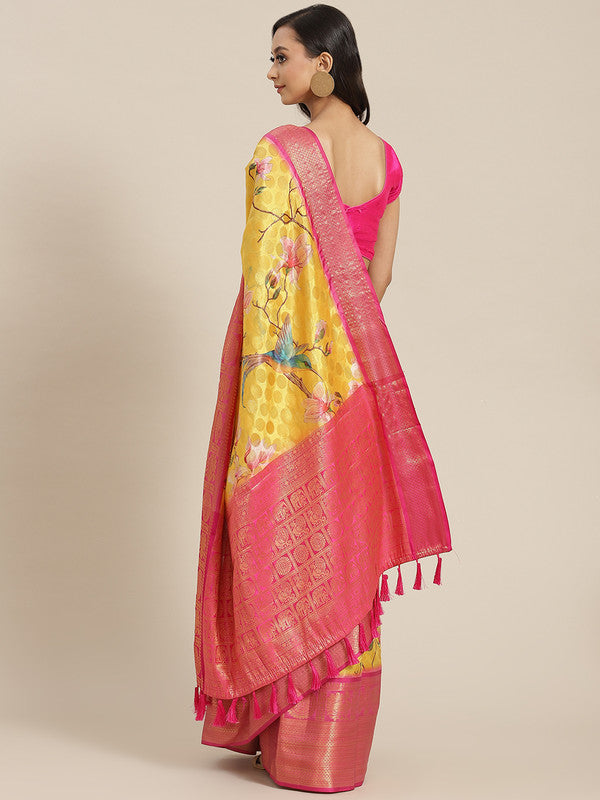 Yellow Art Silk Printed Polka Dots Saree with Unstitched Blouse - Hiral Fashion | Swadesiicart
