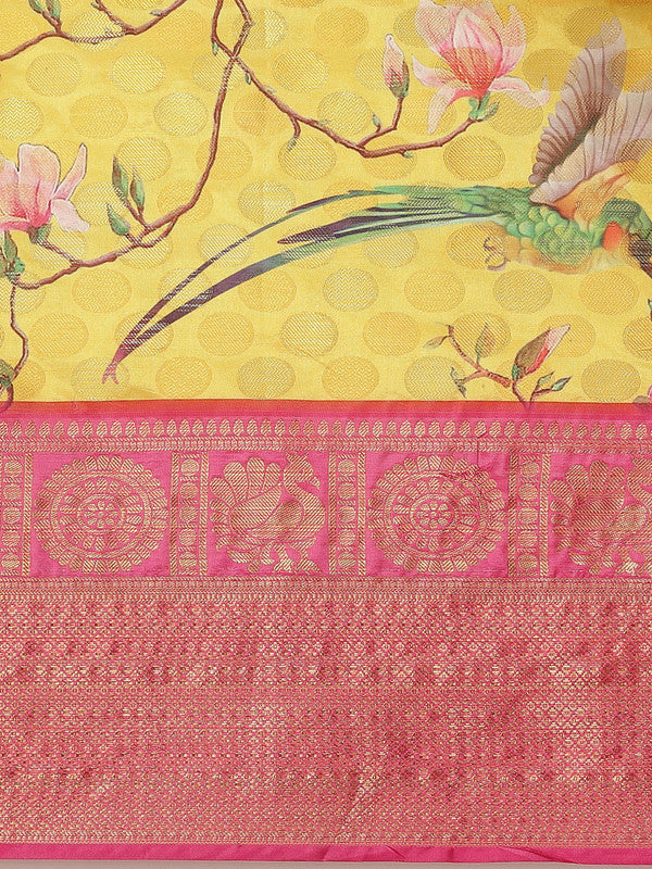 Yellow Art Silk Printed Polka Dots Saree with Unstitched Blouse - Hiral Fashion | Swadesiicart