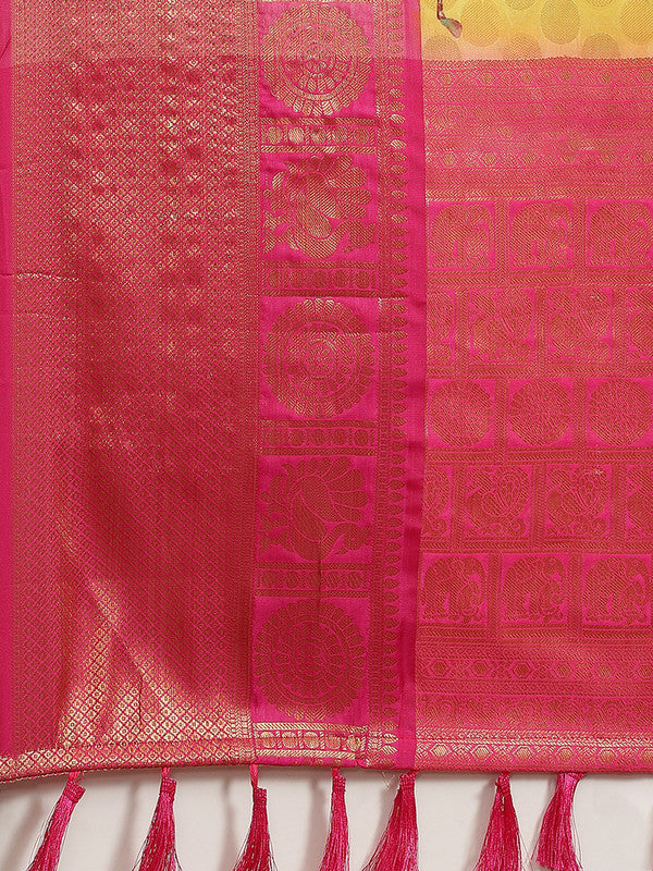 Yellow Art Silk Printed Polka Dots Saree with Unstitched Blouse - Hiral Fashion | Swadesiicart