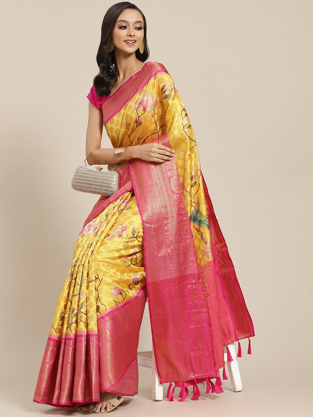Yellow Art Silk Printed Polka Dots Saree with Unstitched Blouse - Hiral Fashion | Swadesiicart